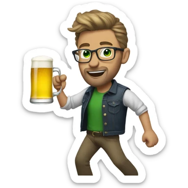 Man with dark blonde hair in a short back and sides style, green eyes, glasses and facial hair dancing with a beer in one hand  sticker