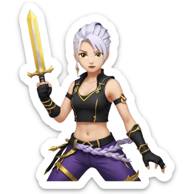 A sword maiden, mohawk, long braid white hair with lavender and tips long messy bangs one side, gold yellow eyes, black crop top, with both fighting gloves up in defensive ready pose, delivering a lightning quick vertical upwards front kick with volcanic force sticker