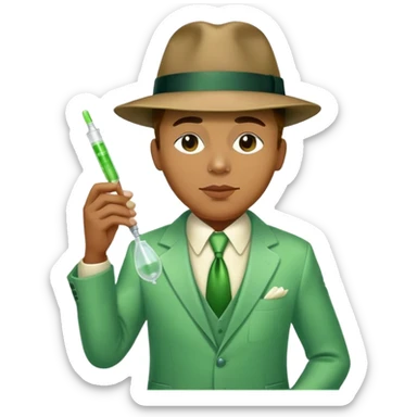 Charlie Parker (jazz saxophonist) in jazz suit and hat with syringe and spoon with light green liquid sticker