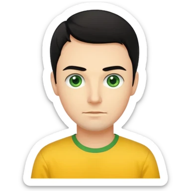 Greg Page black hair, green eyes, yellow shirt sticker