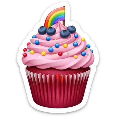 Show me a red velvet cupcake with pink ice and put some sprinklers and blueberries on it sticker
