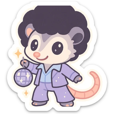 cute cartoon possum dressed up for the disco with a disco ball, sticker-like style sticker