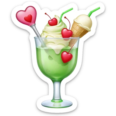 Create an emoji with a clear rounded glass, bright transparent green soda, vanilla ice cream scoop, two red cherries, pink heart-shaped straw, simple shapes, bright colors.
 sticker