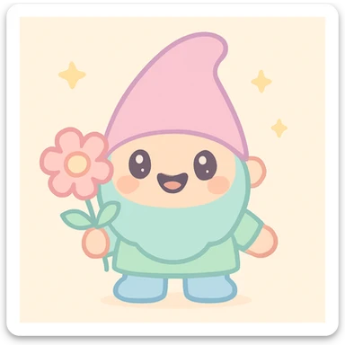 cute garden gnome, smiling, holding a flower, kawaii style, adorable, colorful, charming sticker