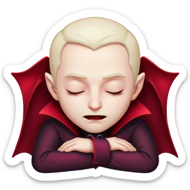 Meme-Worthy Cute Sleeping Vampire Portrait Emoji, with a refined, small, pale face softened by closed, serene eyes and a slight, peaceful smile, adorned in miniature elegant dark attire with a hint of fading crimson, simplified yet irresistibly adorable, highly detailed with a soft ethereal outline that captures the drowsy charm of a vampire in quiet nighttime slumber! sticker