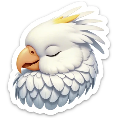 Meme-Worthy Cute Sleeping Cockatoo Portrait Emoji, Head resting peacefully with a contented smile, showcasing a softly feathered body with a gently drooping crest and eyes closed in serene slumber, Simplified yet adorably endearing features, highly detailed, glowing with a soft, drowsy tropical light, high shine, relaxed and utterly lovable, stylized with an air of playful laziness, soft glowing outline, capturing the essence of a sleeping cockatoo that feels destined to become the next viral icon of adorable rest! sticker