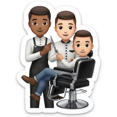 Barber cutting boys hair. Show the boy sat in black barber chair and both having smiles on their faces sticker