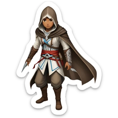 An icon representing an adventure game, inspired by Assassin's Creed. The design features a heroic character in hooded attire, scaling a tall building in a historical cityscape. The background shows ancient architecture and hidden symbols, symbolizing exploration and stealth. Transparent background  sticker