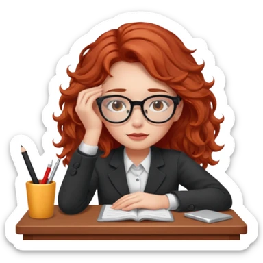 Pretty model, brown eyes, soft red wavy hair, falling asleep at desk sticker