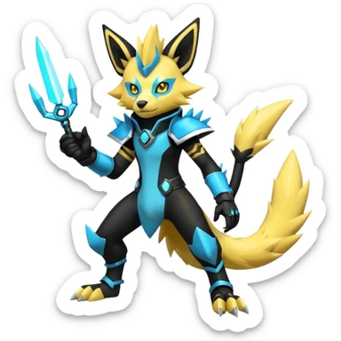 Shiny badass cool edgy spikey fluffy realistic cyan yellow white electric complex futuristic Zeraora-Luxray-Electrike-Umbreon-Manectric-Weregarurumon-fusion-creature (full body) wearing black gauntlets sticker