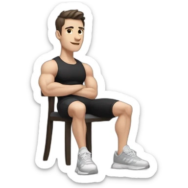 Pale skinned Fit Man With the biceps and dark brown hair in black shirt, gray sports shorts and white Sneakers Sitting on a chair sticker