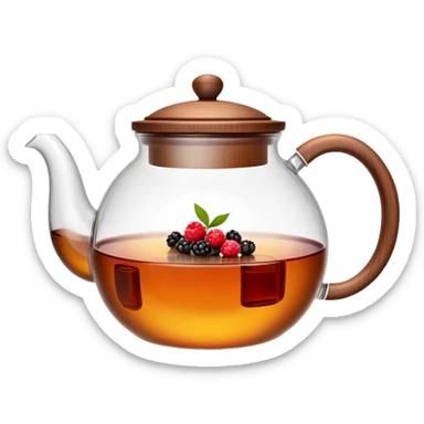 A cinematic realistic emoji with an attractive image of a transparent teapot with a realistic wooden lid filled with tea with berries, rich texture and warm, festive lighting. sticker
