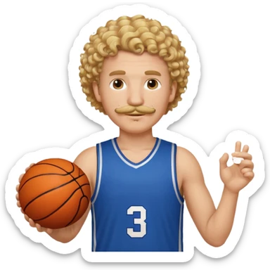 white blonde curly hair man basketball player blue jersey with mustache holding basket ball sticker