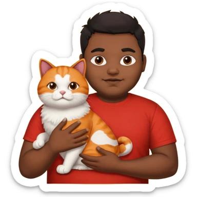 Indian black chubby guy with black middle parted hair in red t-shit with orange cat sticker