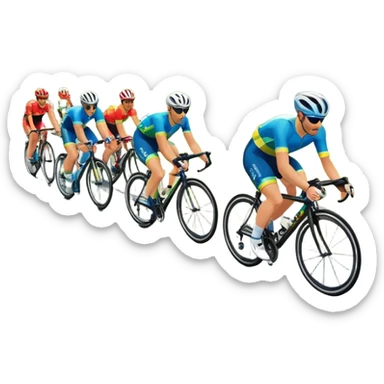 A dynamic icon of a professional cycling race. Cyclists in colorful jerseys speed along a winding road, their bikes leaning into the turn. The background showcases rolling green hills, a bright blue sky, and cheering crowds along the roadside. The scene radiates energy and motion.  sticker