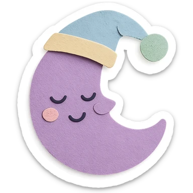 kawaii purple crescent moon, sleeping cap, soft pastel palette, no arms or legs, full body, paper craft style sticker