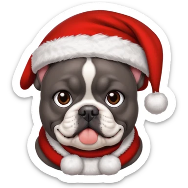 brunette woman with a dark grey French bulldog both wearing Santa sticker