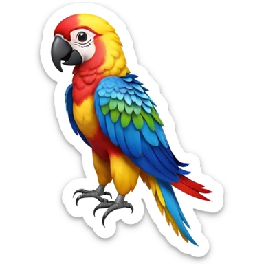 cinematic-macaw-realistic-full-body-standing-emoji,-vibrant-feathers-glowing-with-rich-reds,-blues,-and-yellows,-head-tilted-dramatically,-curved-black-beak-gleaming,-piercing-dark-eyes-exuding-confidence,-simplified-yet-realistic-focused sticker