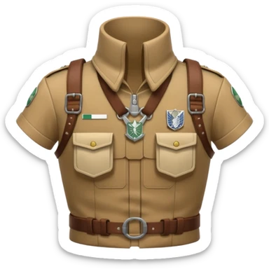 emoji-style icon of Survey Corps uniform from Attack on Titan, showing flared collar, chest harness, minimalist gear, muted anime colors, subtle determined face, stylized for emoji clarity sticker