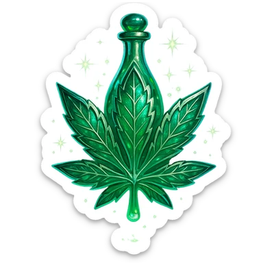 cannabis leaf-shaped luxurious elixir bottle or with cannabis motifs, vibrant green color, iridescent and silver details, very small neck, seamless bottom, extra intense magical glowing and sparkling effects, floating, no base or shadow, modern, matching a collection, transparent background sticker