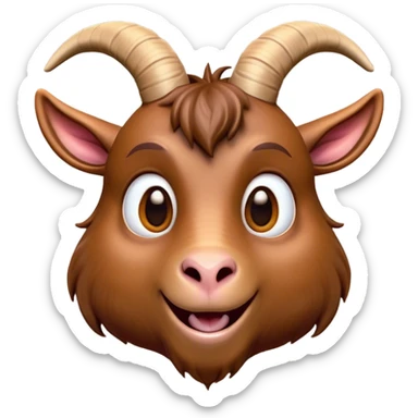 Cinematic Comical Brown Goat Portrait Emoji, Head tilted dramatically with an exaggeratedly amused expression, featuring a sleek brown fur with distinct, quirky curved horns, wide, expressive eyes filled with playful disbelief, Simplified yet hilariously expressive features, highly detailed, glowing with a slightly sassy glow, high shine, dramatic yet playful, stylized with an air of cheeky mischief, bright and endearing, soft glowing outline, capturing the essence of a spirited and over-the-top goat, so meme-worthy it feels like it could side-eye its way into internet fame instantly! sticker