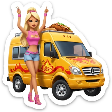 Hispanic pollo loco Barbie’s insanely flaming hot butt burning chicken sandwich Extended length Sprinter 4500 van high roof off road rally delivery food truck capable of rock and desert racing  sticker
