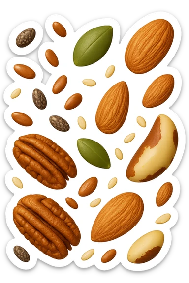 emoji stile iphone 3d di questi elementi che fluttuano in aria:

Semi di chia, lino, zucca, sesamo
Mandorle, noci pecan, noci brasiliane (porzioni limitate)

 che fluttuano sparse casualmente in aria, iperealistico 4k sticker