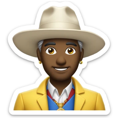 uma personagem animada de palhaço arlequim com um traje azul, vermelho e amarelo, chapéu típico com bolinhas amarelas nas pontas, rosto branco com bochechas rosadas, olhos grandes com pupilas de estrela, e um sorriso travesso sticker