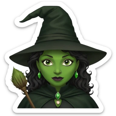 elphaba wicked witch with broom close up, evil dark curly long dark hair, green skin, thick green lips, cheekbones, smirk evil menacing cythia erivo dark aesthetic black hat cloak black broom sticker