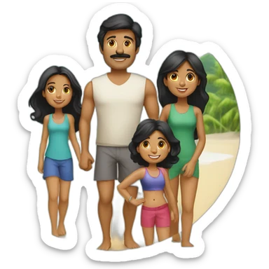 Indian family of 4 people, dad black hair, mom black hair, 1 girl child and 1 boy child and 2 daughters on a beach sticker