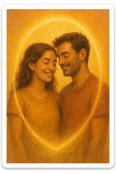Vertical format: smiling woman and man in harmony, surrounded by a glowing aura that unites them, serene atmosphere with warm colors, no shadow of problems. sticker