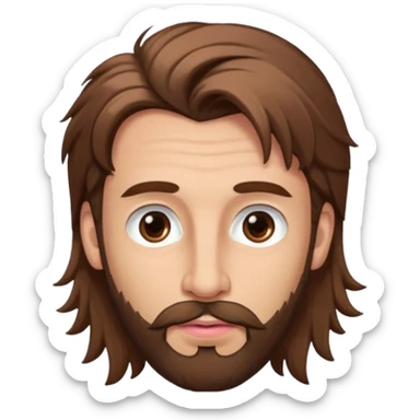 Handsome white man with big brown eyes thin pink lips long nose and long brown messy hair brown small beard sticker