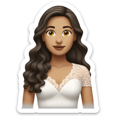 Adult woman with brown eyes, light tanned skin, long wavy dark brown hair, wearing a white lace dress sticker