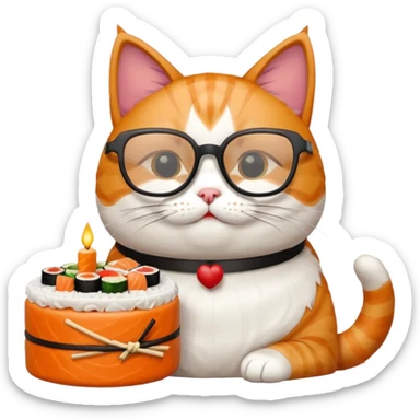 cat with cool square shaped glasses eating a birthday cake made out of sushi sticker