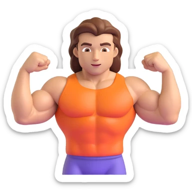 Make a man with hair flexing muscles emoji that looks exactly like the reference image, in iOS emoji style. 3D, shiny, smooth gradients, soft shadows, muscular body, expressive face, and hair. sticker
