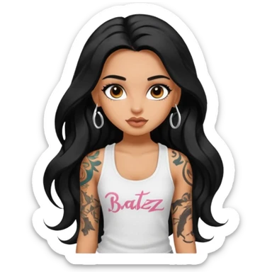 a pretty tan bratz girl with long wavy black hair, wearing a white tank top. with full tattoos sticker