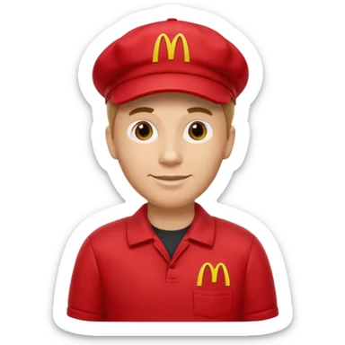 caucasian male McDonald's worker

red casual cashier clothes, red cap with the McDonald's logo sticker