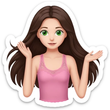 super long haired brunette with middle part cute pink lacy tank white but tan green eyes doing a hairflip sticker