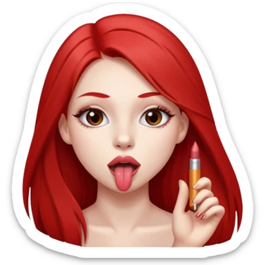 una chica de 18 años sacando la lengua con los labios con pintalabios nude y los ojos maquillados, de piel blanca con el pelo liso, largo y pelirrojo, ojos marrones sticker