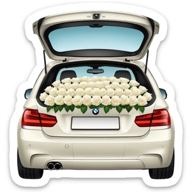 BMW car, side view, trunk packed with white roses, emoji style sticker