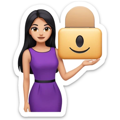 beautiful woman boss, with long straight black hair, with make up, black eye liner, smile, mexican, brown skin, wearing purple dress and, she stand up sticker