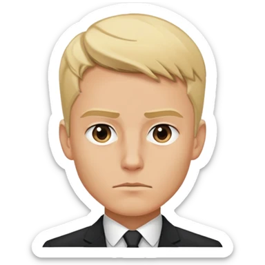 Man with stern expression, short blonde hair, strong jawline, wearing a suit sticker