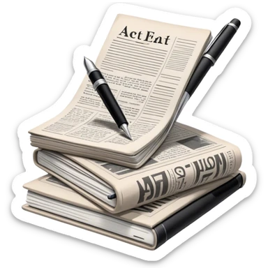 Create an emoji representing journalism and publicistic writing. The design should feature a stack of newspapers, an open notebook with visible text, and a single fountain pen placed near the notebook, symbolizing the act of writing. Use neutral, professional colors like black, white, and muted tones to convey a sense of seriousness and intellect. Do not include any emojis or smiley faces. Make the background transparent. sticker