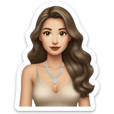 beautiful brunette russian girl with smooth skin long hair beige lipstick wearing low neck dress with a diamond necklace sticker