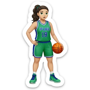 full body plus size light skin latino women basketball player with wavy dark hair in pony tail wide nose wearing blue green  uniform sticker