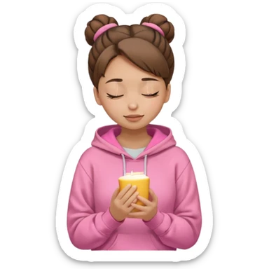 light skin girl wearing headphones. only brown hair in a bun. hair color is brown. no makeup. light-light skin. pink hoodie. closed eyes.  sticker