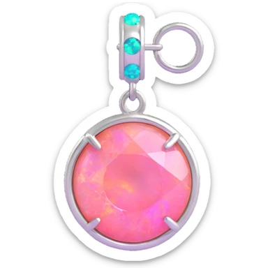 ultra close-up of a round cut pink fire opal charm with silver setting and silver jump ring, holographic and neon accents sticker