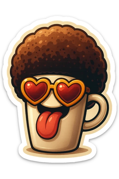 Tall coffee cupp, afro, heart glasses, big heart eyes, tounge rolled out sticker