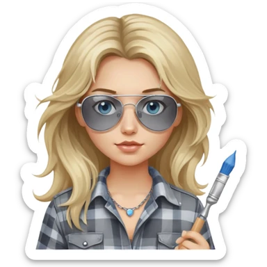 girl with long blond messy hair, wearing grey plaid shirt with blue eyes and aviator sunglasses wearing a ring on her silver necklace, holding a paint brush roller with a small bit of white paint on her face sticker