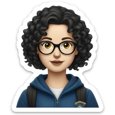 Hyper realistic White girl with long black curly hair and glasses wearing a ravenclaw school inform sticker